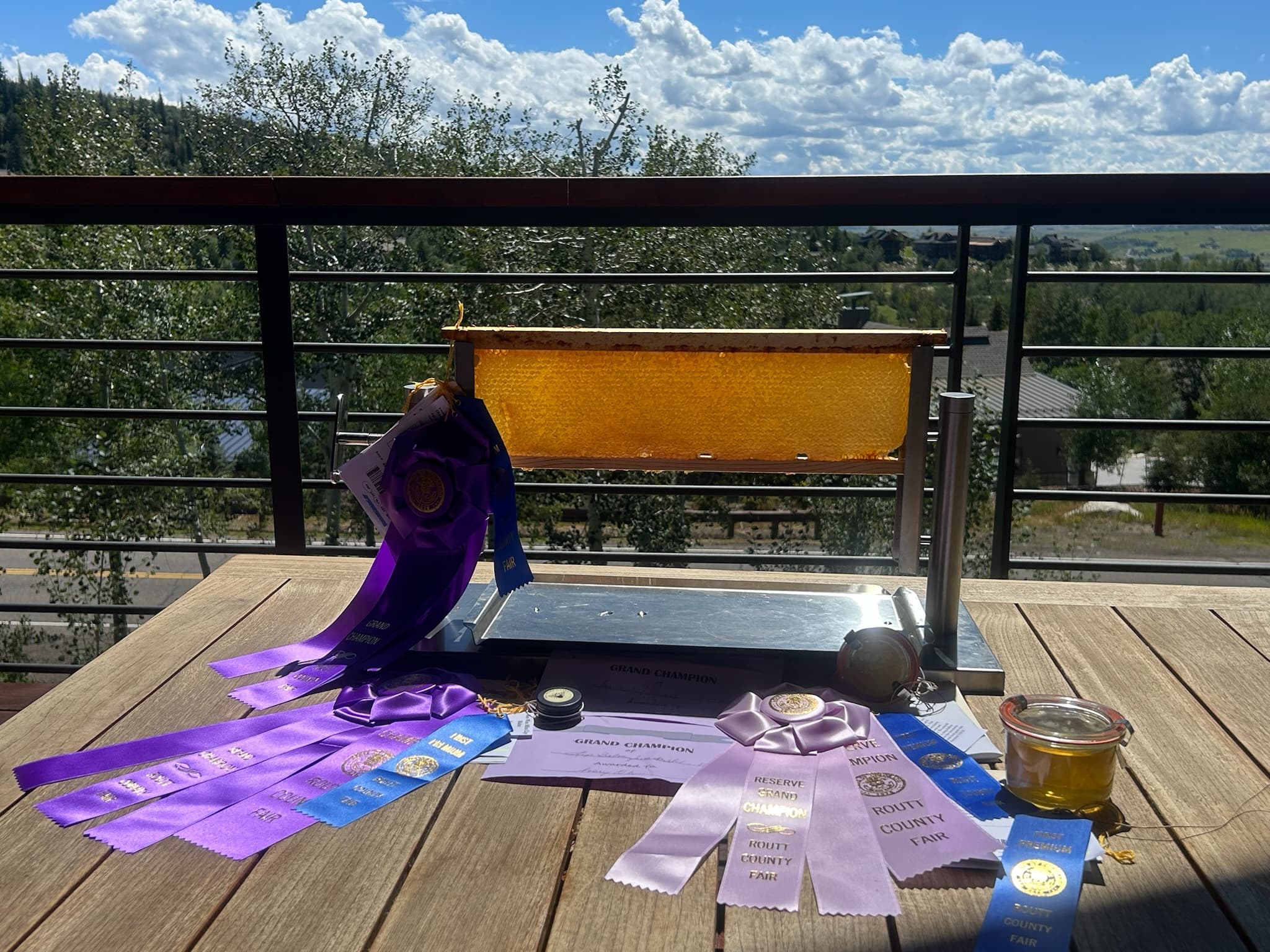 Award-winning Bee Bomb comb honey and ribbons displayed on a patio overlooking Steamboat Springs