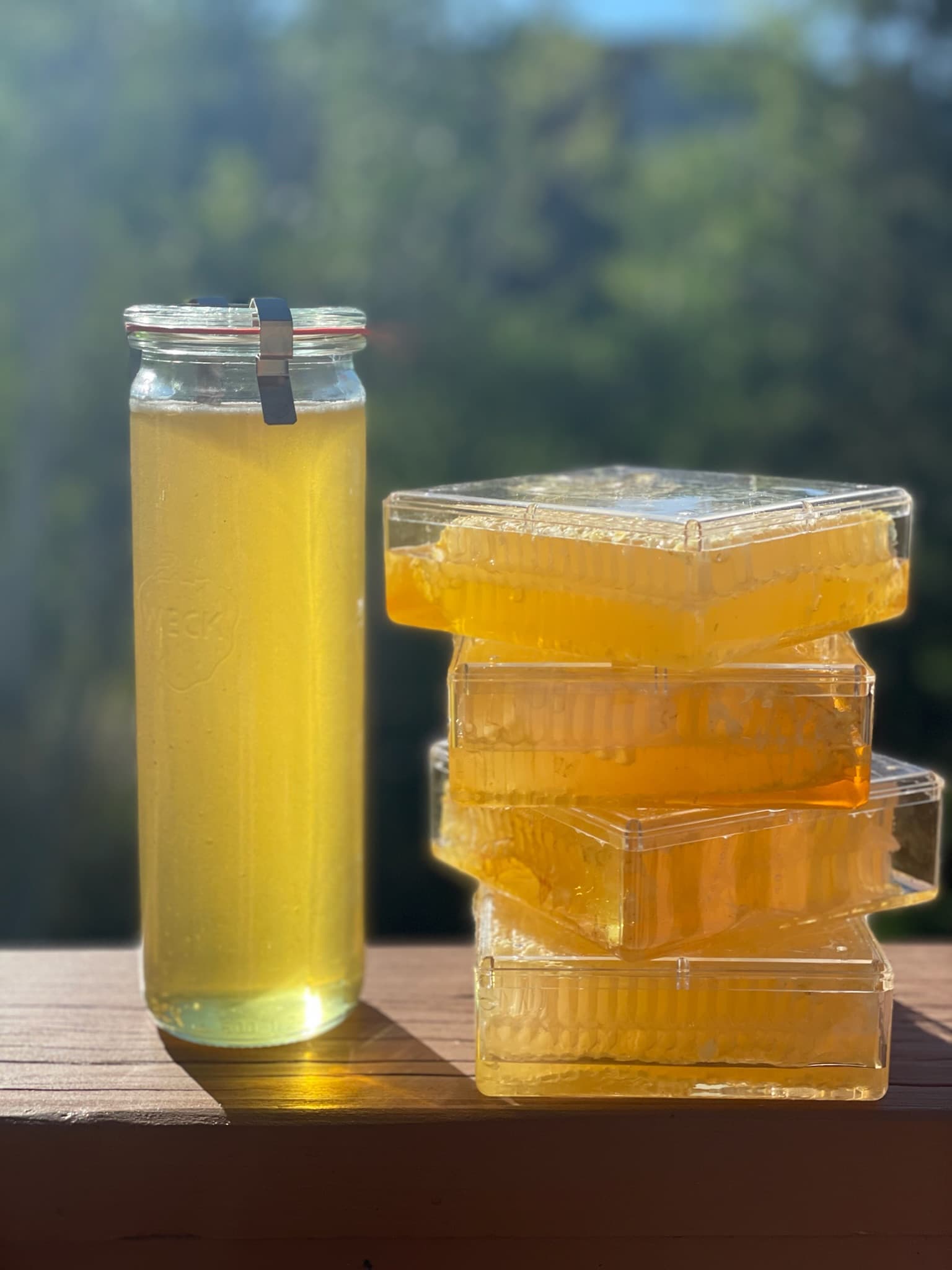 Tall honey jar beside stacked trays of comb honey in warm afternoon light