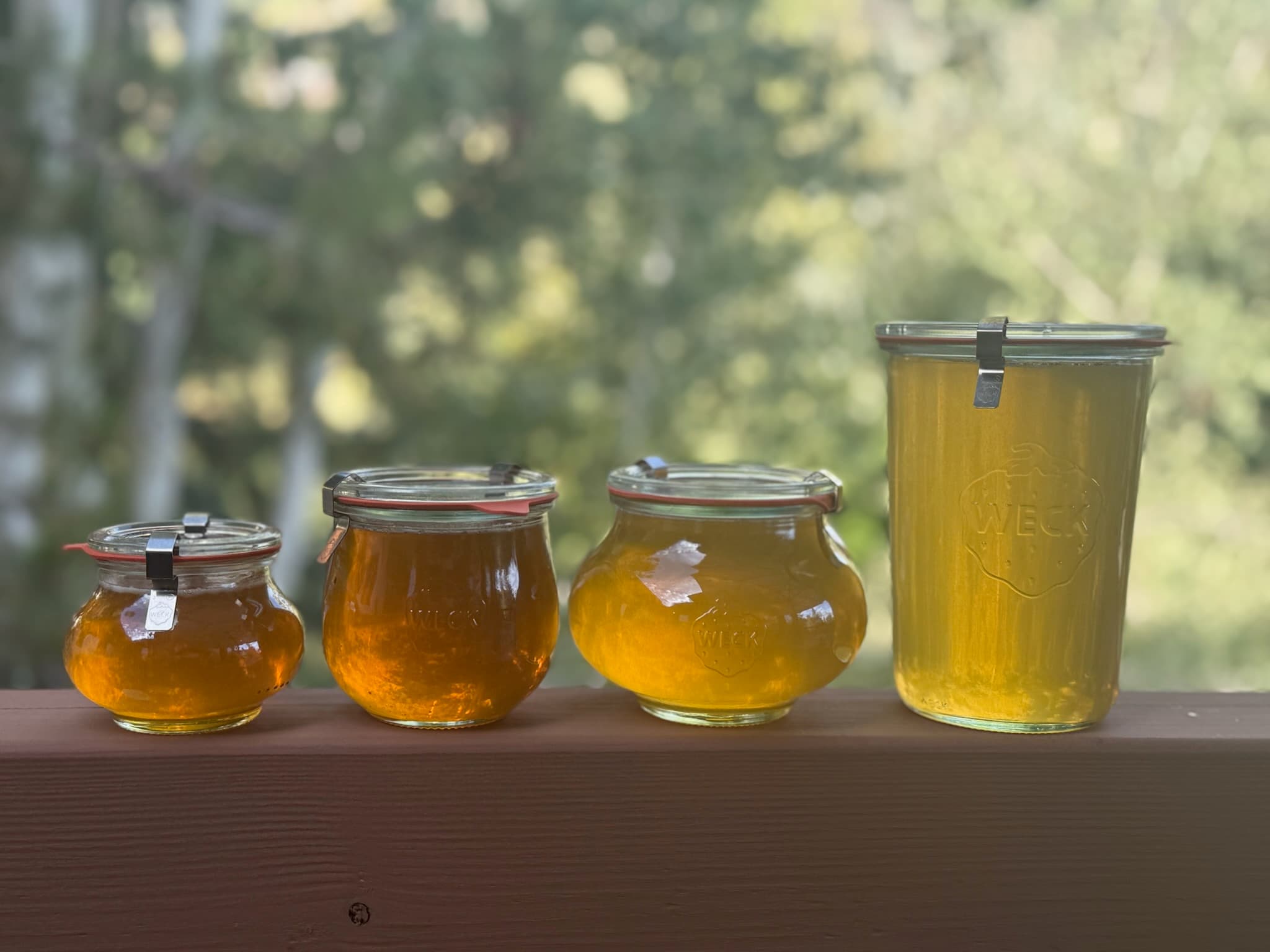 Four Bee Bomb honey jars lined up outdoors in different sizes and shades of gold